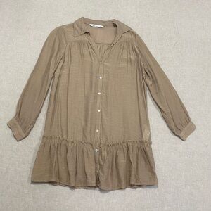 Zara Brown Long Sleeve Mini Shirt Dress Sz S Front Buttons  Ruffle Hem Tunic